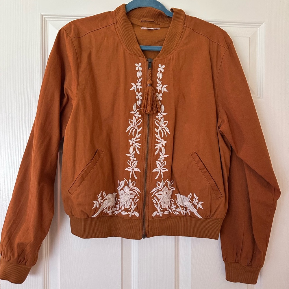 Knox Rose Rust Bomber Jacket with White Floral Embroidery